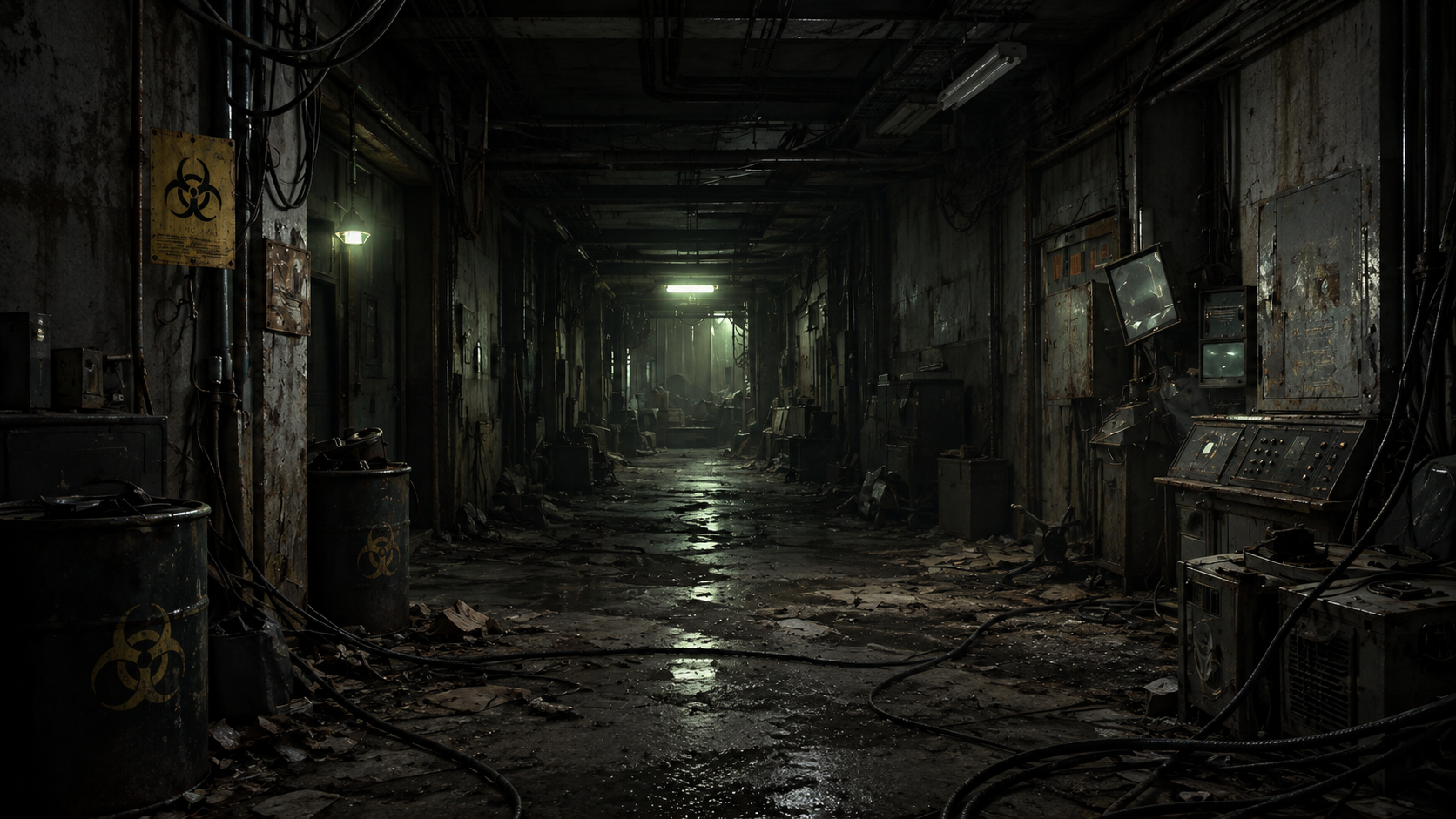 An abandoned laboratory corridor with worn control panels and distant fluorescent lights